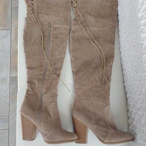 Over The Knee Beige Faux Suede Rear Lace Stacked Heel Boots
